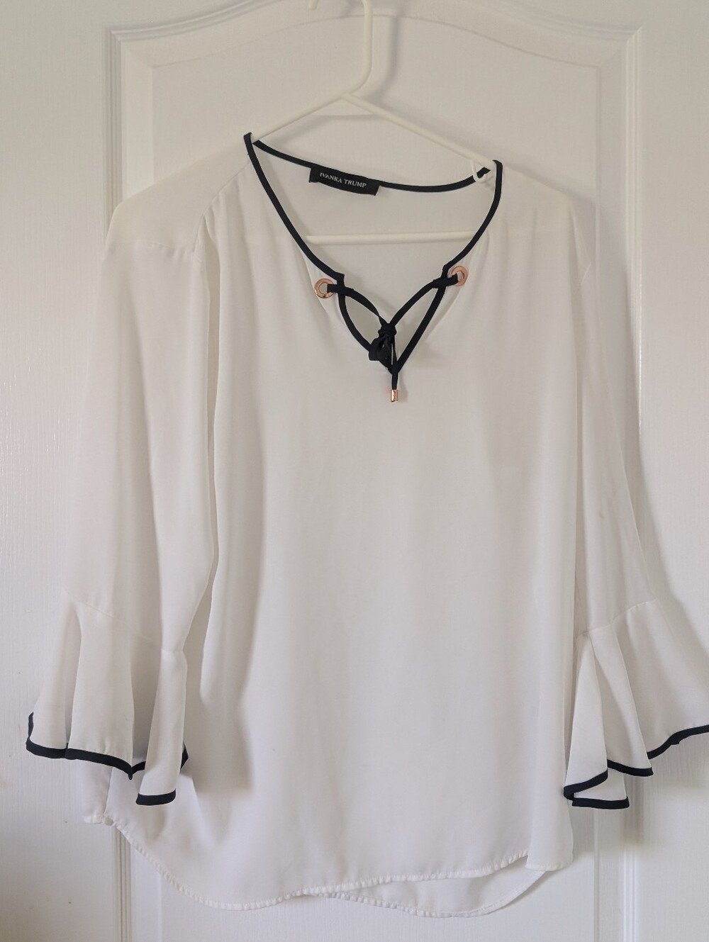 Ivanka Trump Sheer White long sleeve blouse with Black trim Large